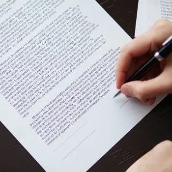 A man signing a paper about an LLC purpose statement