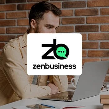 A ZenBusiness logo with a working entrepreneur in the background