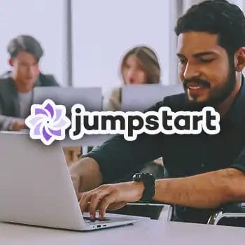 Jumpstart logo with an office worker doing business in the background