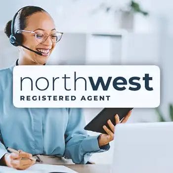 Northwest Registered Agent logo with an office worker in the background