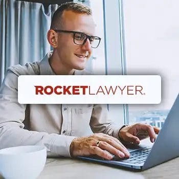 Rocketlawyer logo with an office person in the background