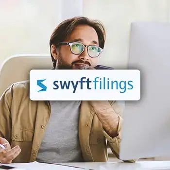 Swyftfilings logo with a business person on a computer in the background