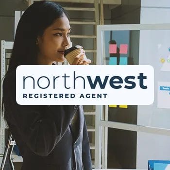 Northwest logo with an office worker drinking coffee in the background