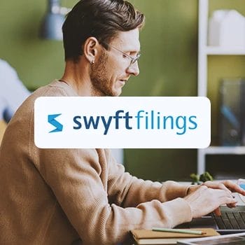 Swyft Filings logo with an office worker in the background