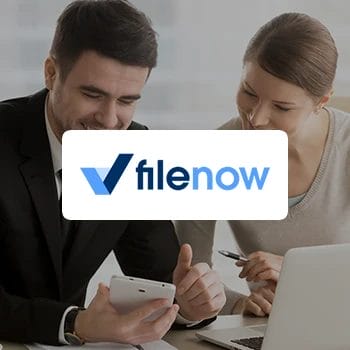 A FileNow logo and two people having a chat in an office